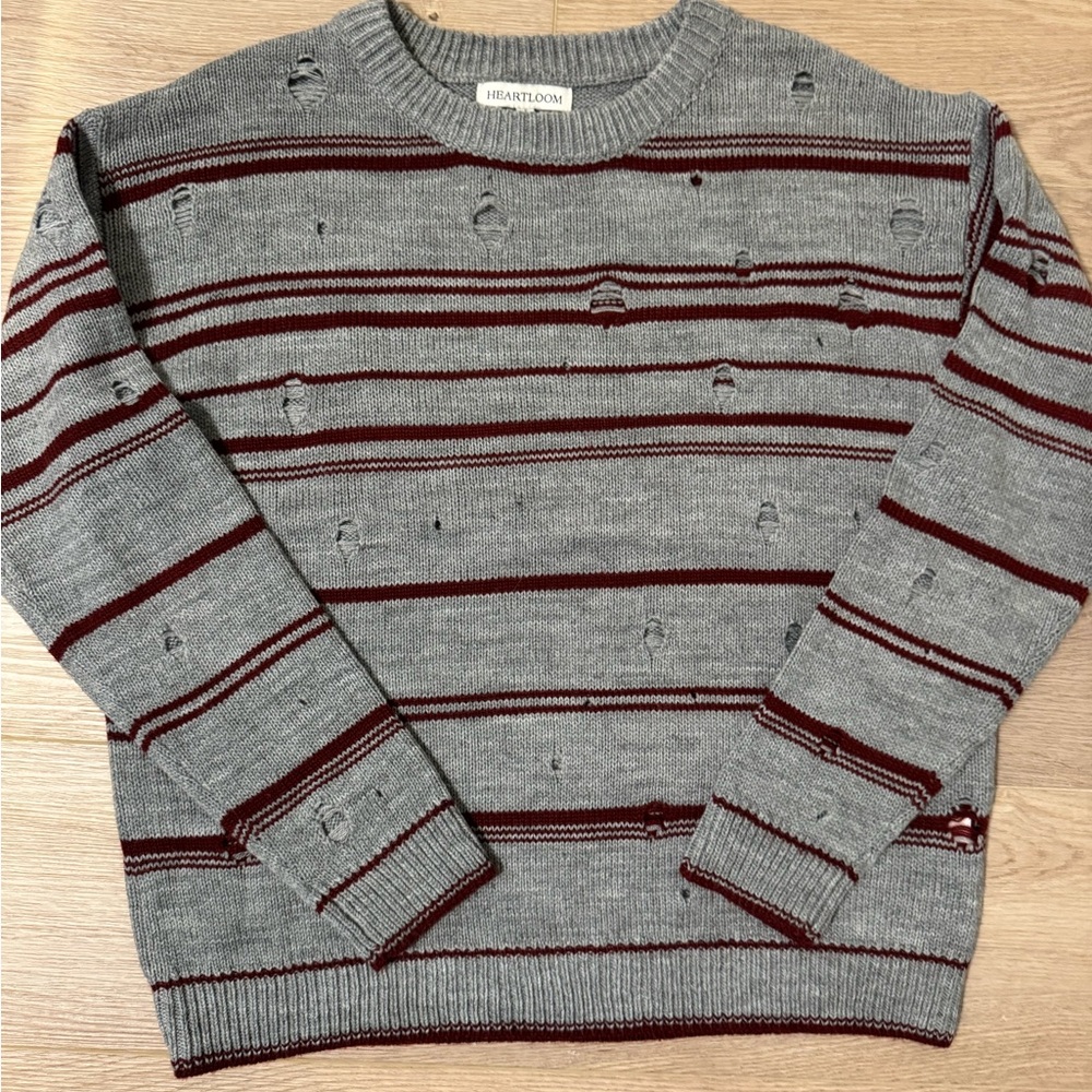 Burgundy Stripes Distressed Sweater